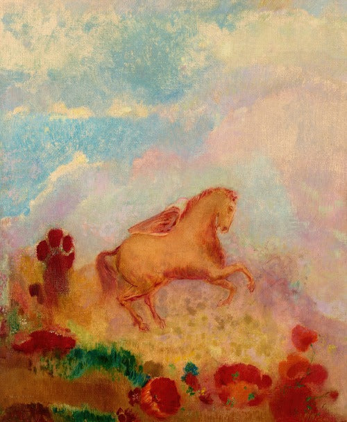 A colorful art print featuring a horse in a field with a cloudy sky in the background.
