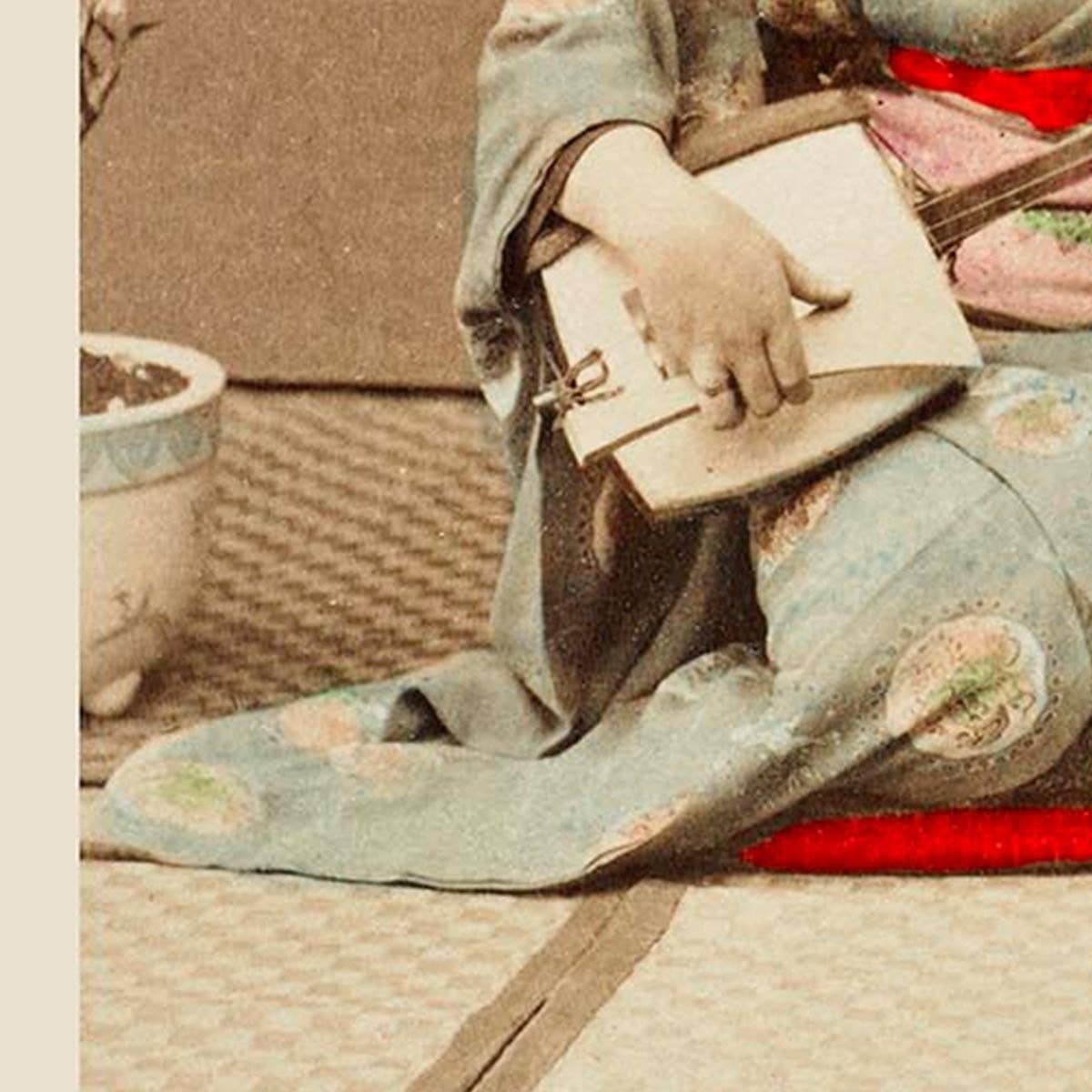 Póster de la exposición Geisha jugando a Samisen de Ogawa Kazumasa