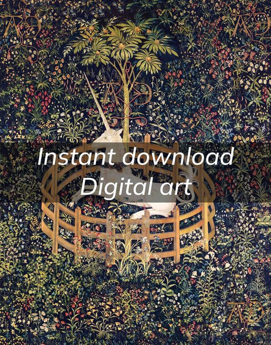 Medieval Unicorn Tapestry Digital Art Printable Instant Download Enchanting Wall Decor for girls room or nursery. renn faire art