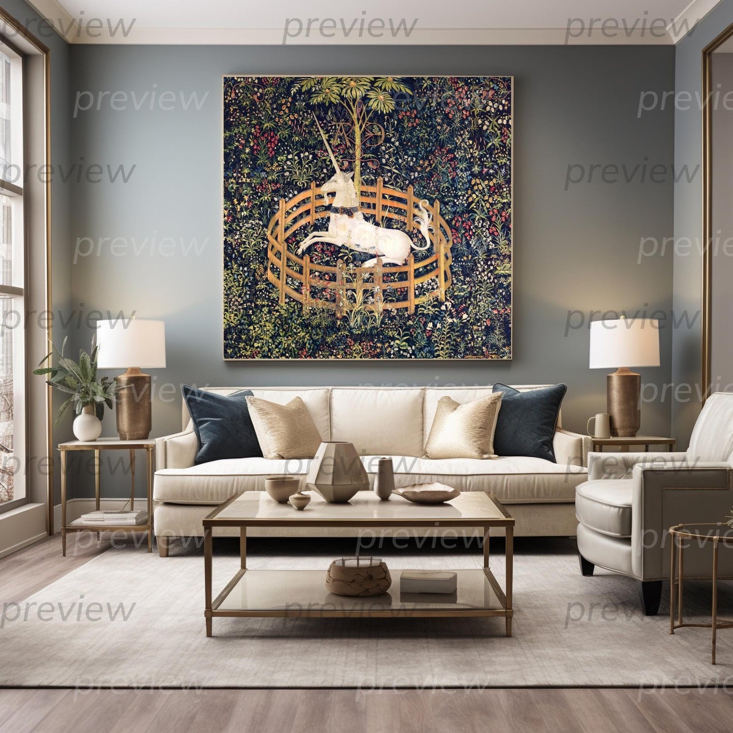 Medieval Unicorn Tapestry Digital Art Printable Instant Download Enchanting Wall Decor for girls room or nursery. renn faire art