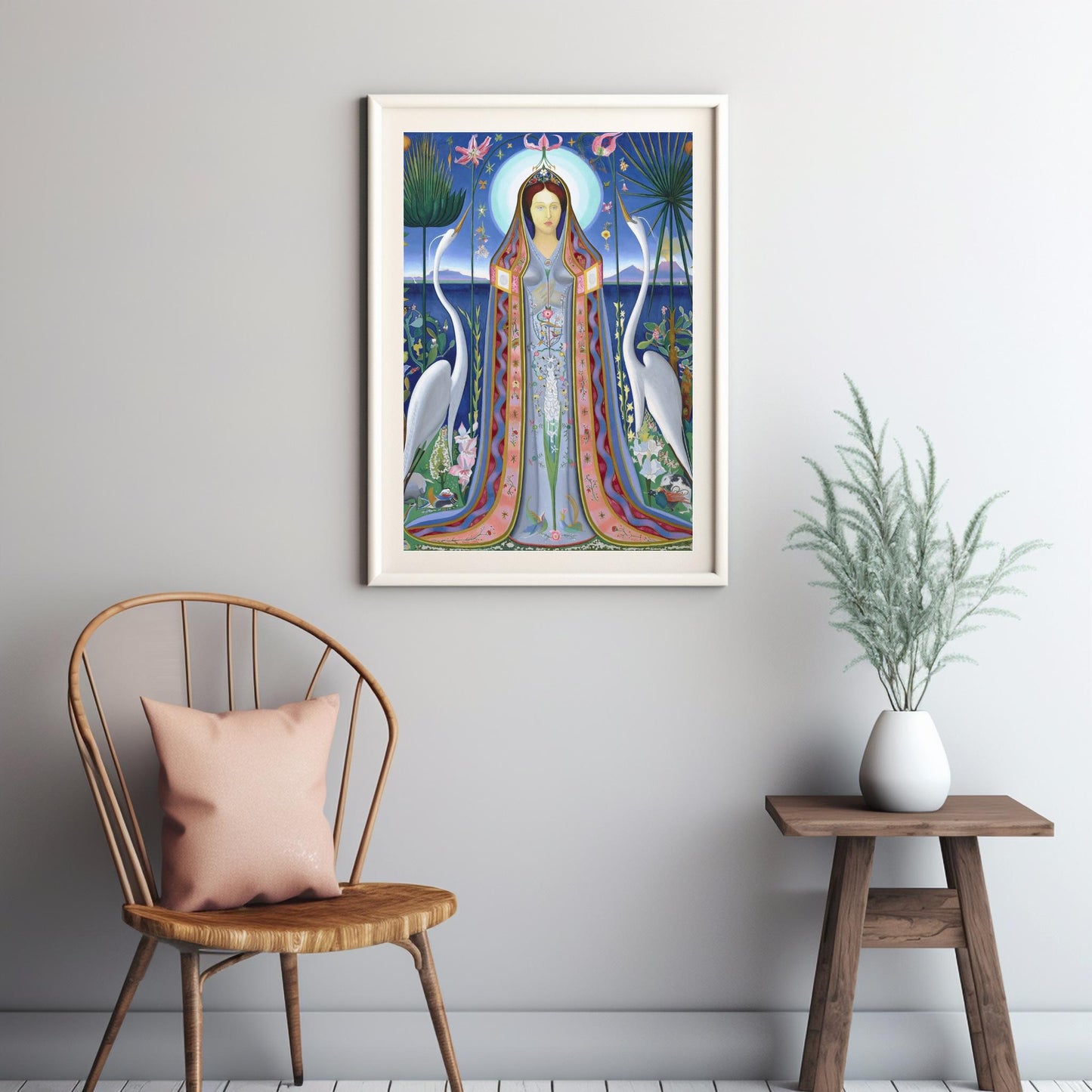 Ethereal Harmony A Modern Madonna Surrounded by Nature and Cranes Inspired by Joseph Stella's Purissima 1927