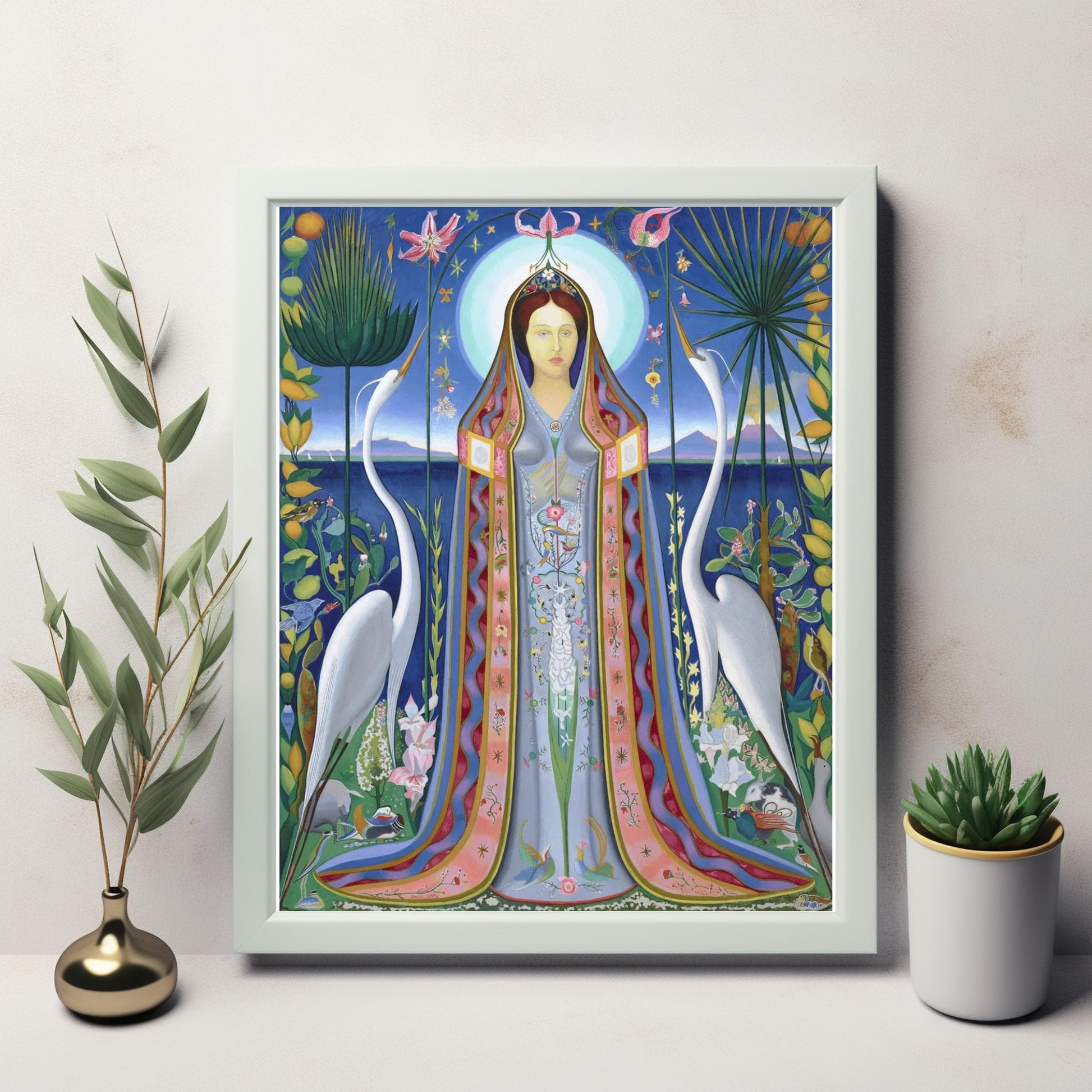 Ethereal Harmony A Modern Madonna Surrounded by Nature and Cranes Inspired by Joseph Stella's Purissima 1927