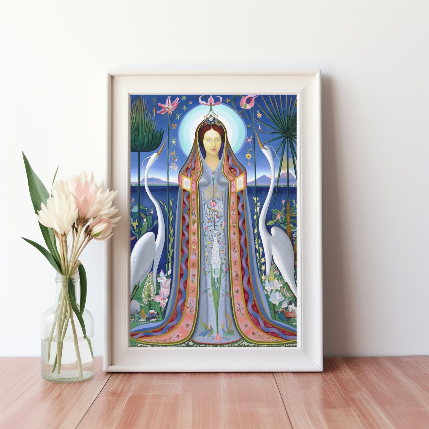Ethereal Harmony A Modern Madonna Surrounded by Nature and Cranes Inspired by Joseph Stella's Purissima 1927