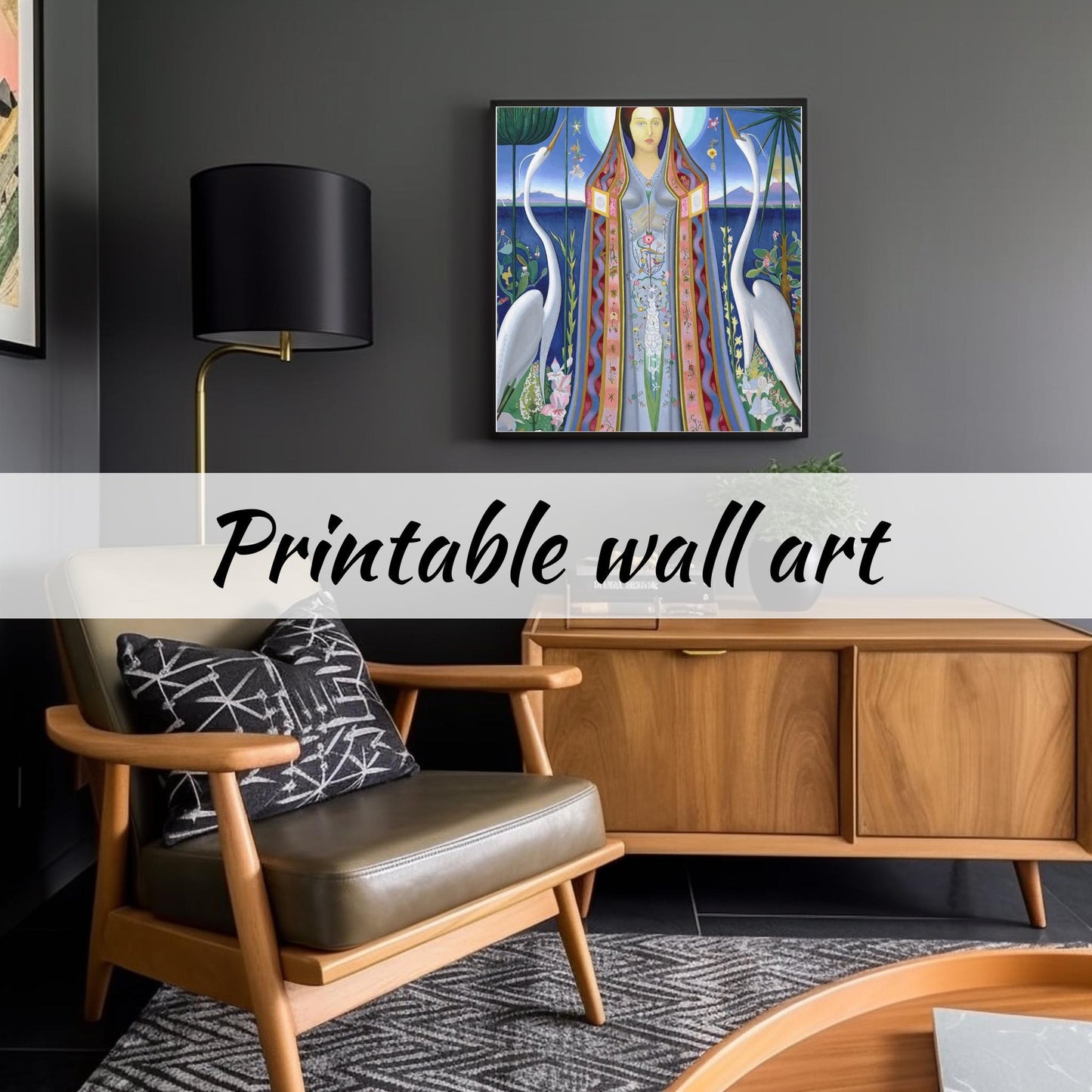 Ethereal Harmony A Modern Madonna Surrounded by Nature and Cranes Inspired by Joseph Stella's Purissima 1927