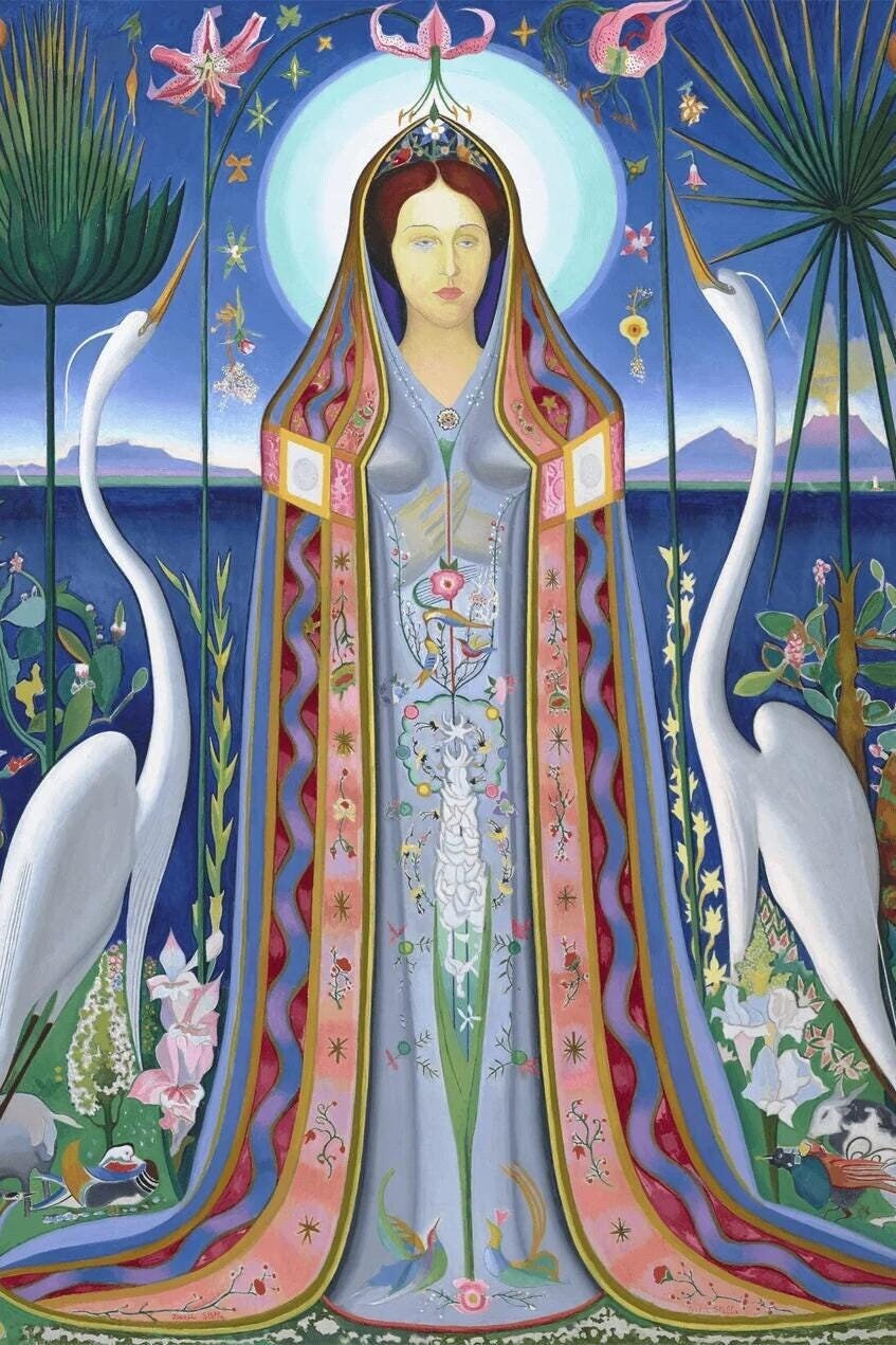 Ethereal Harmony A Modern Madonna Surrounded by Nature and Cranes Inspired by Joseph Stella's Purissima 1927