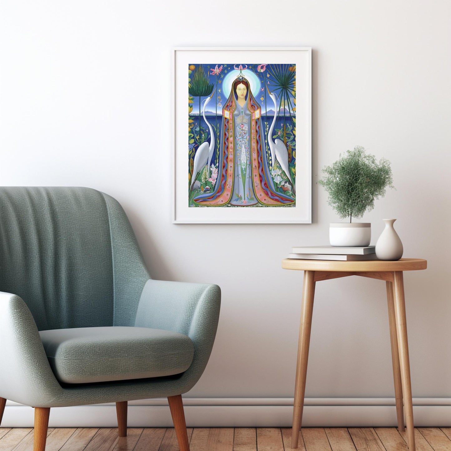 Ethereal Harmony A Modern Madonna Surrounded by Nature and Cranes Inspired by Joseph Stella's Purissima 1927