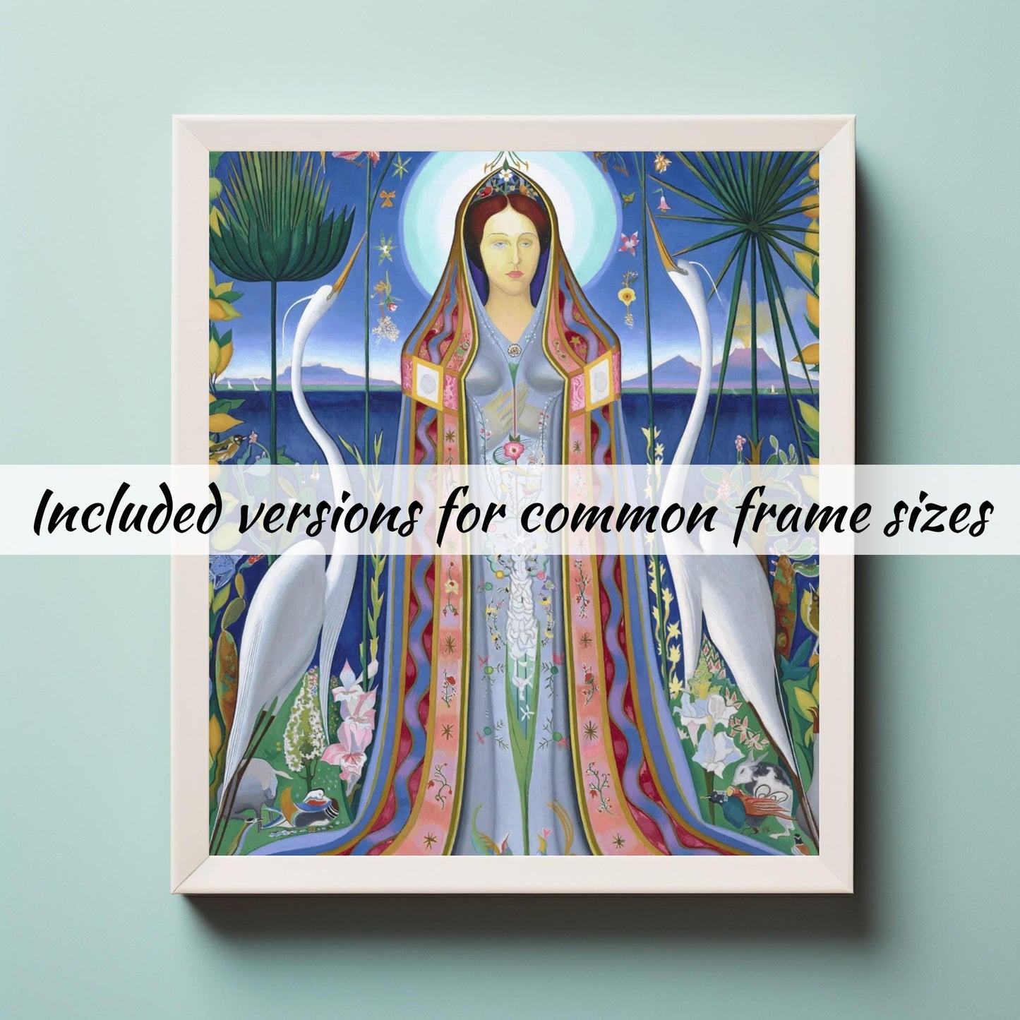 Ethereal Harmony A Modern Madonna Surrounded by Nature and Cranes Inspired by Joseph Stella's Purissima 1927