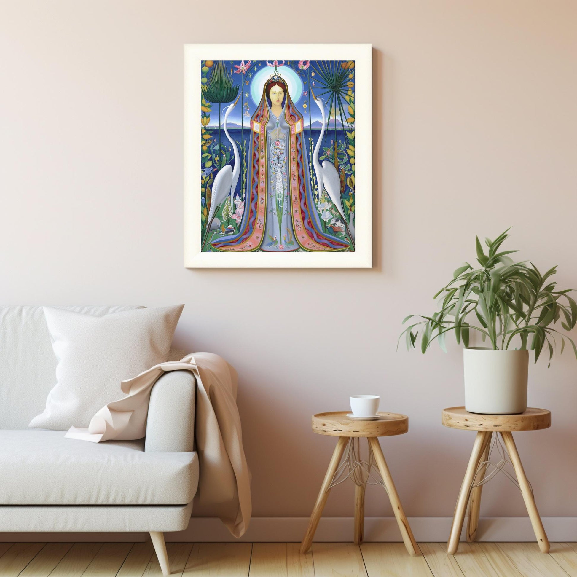 Ethereal Harmony A Modern Madonna Surrounded by Nature and Cranes Inspired by Joseph Stella's Purissima 1927