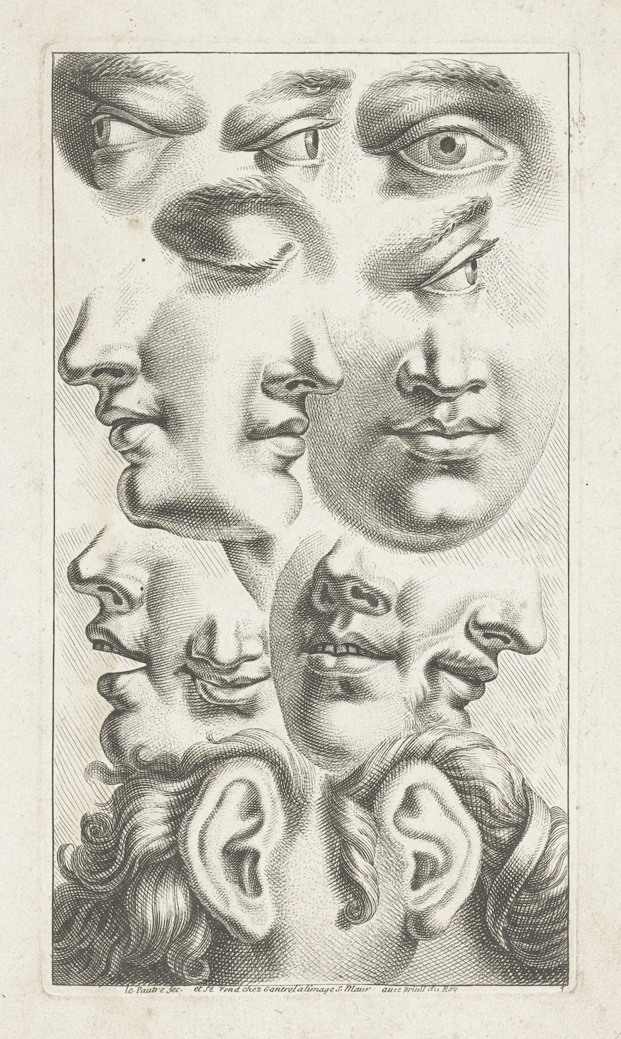 Engraving showing multiple human faces by Jean Lepautre