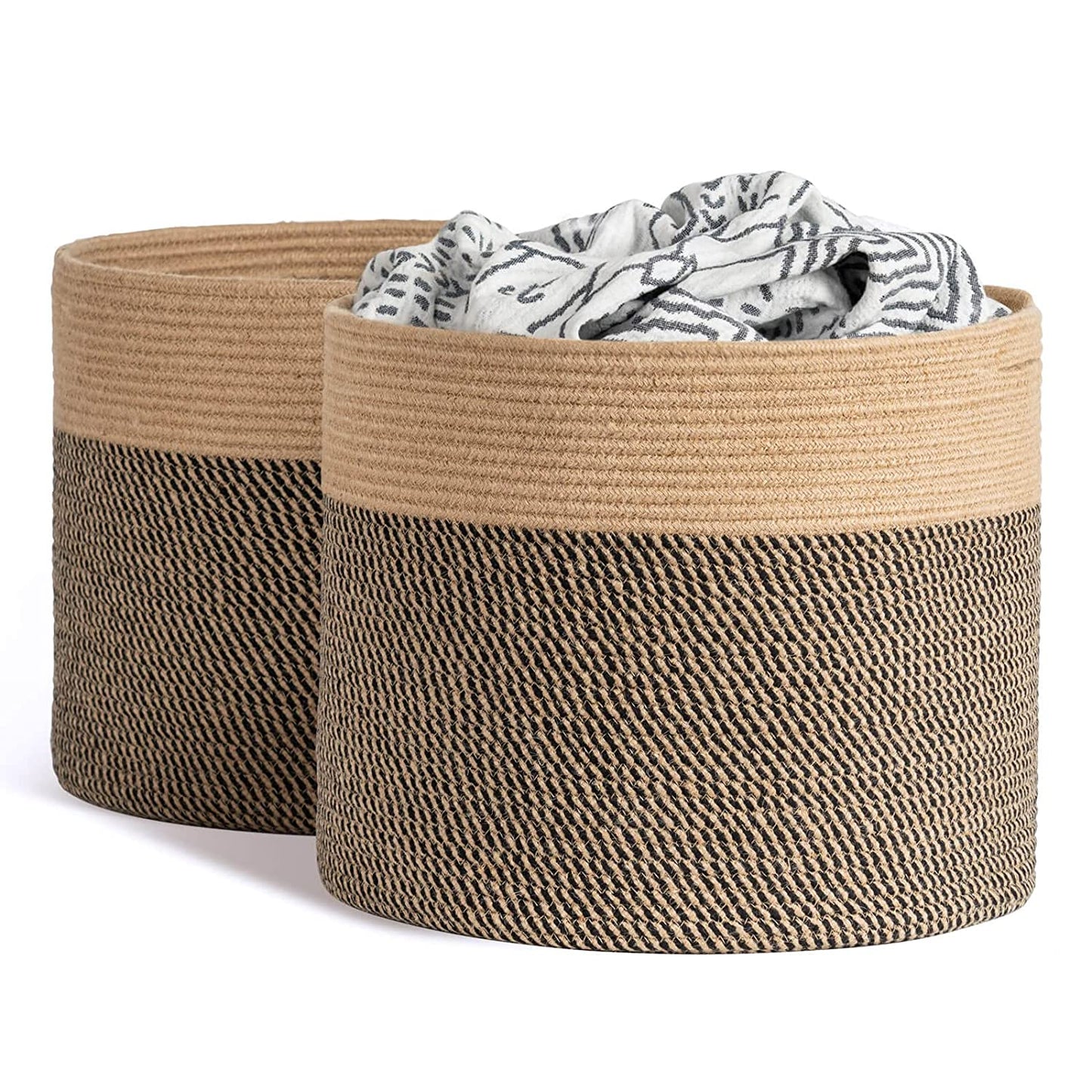 Black and Jute Rope Basket, Large - 15.8"x15.8"x13.8"