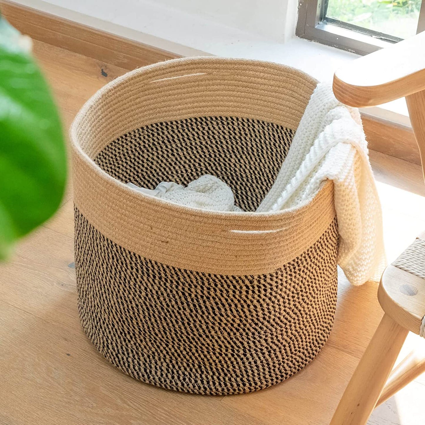 Black and Jute Rope Basket, Large - 15.8"x15.8"x13.8"