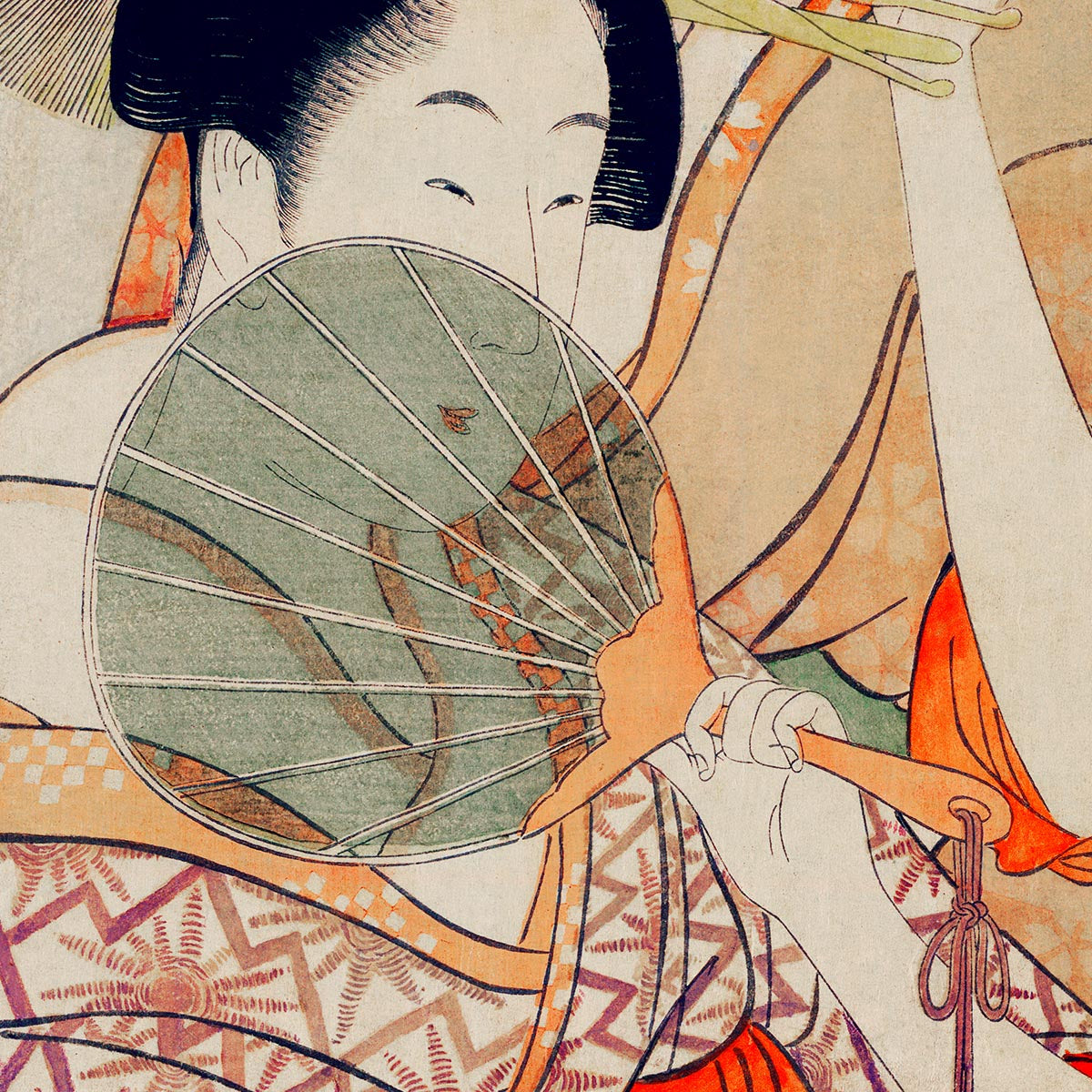 Dos geishas y un abanico verde de Utamaro Kitagawa