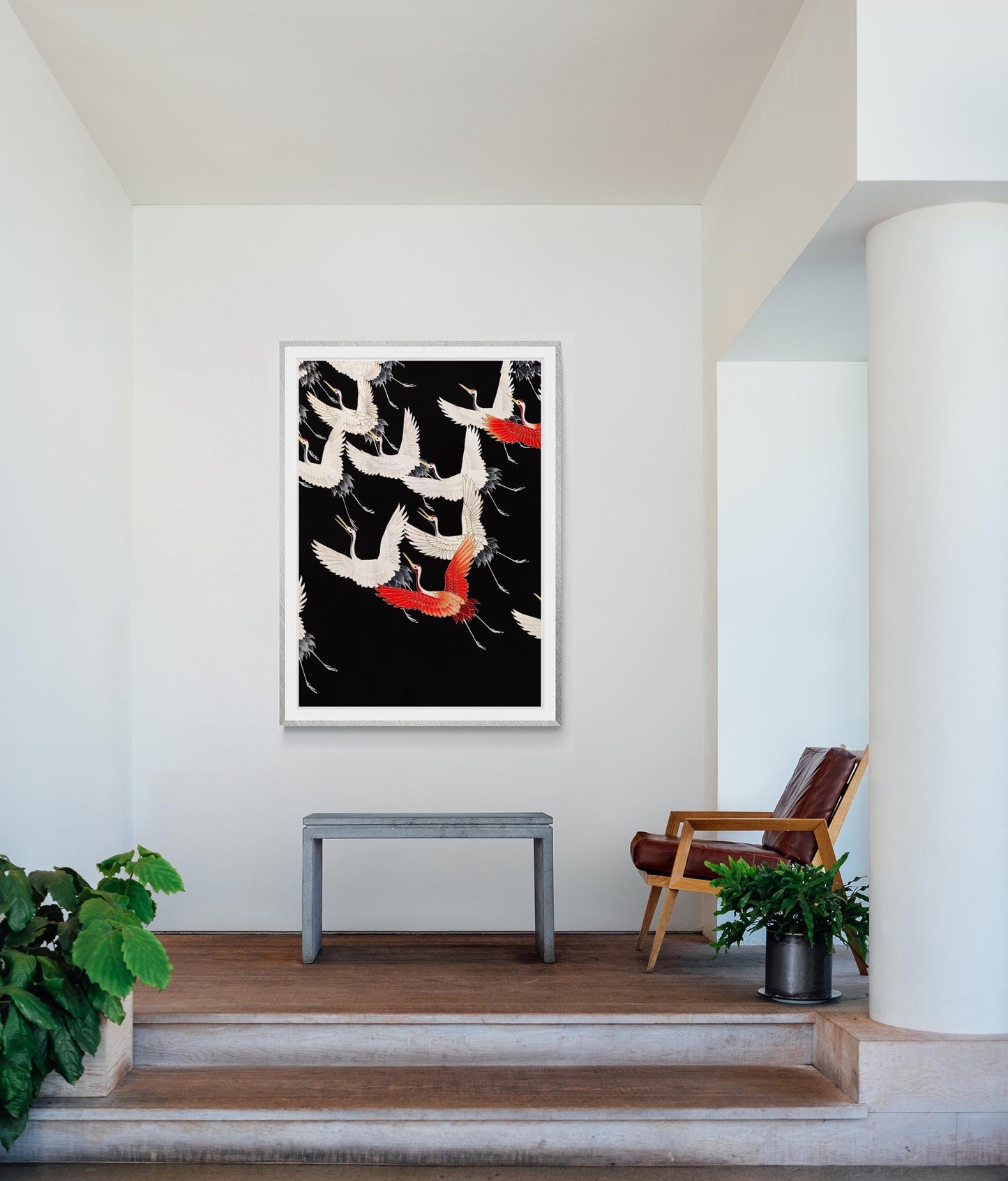 Póster de grullas blancas y grulla roja volando en kimono