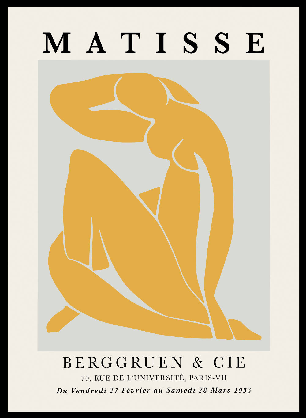 A poster featuring the artwork of Henri Matisse, with a color transition from blue to yellow, depicting a nude figure in a thoughtful pose.