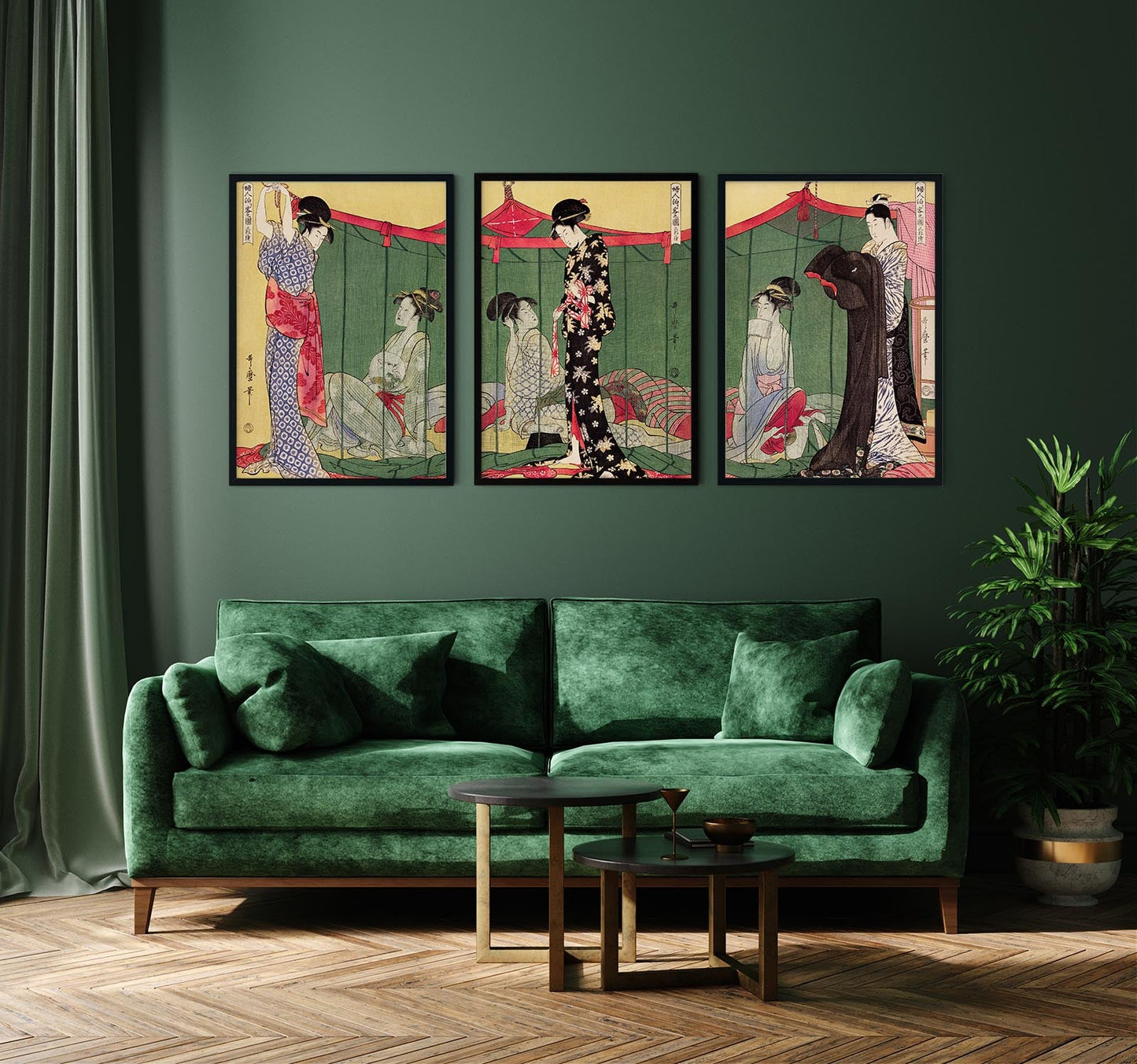 Tríptico Mujer con visitante de Utamaro Kitagawa - conjunto de 3 impresiones