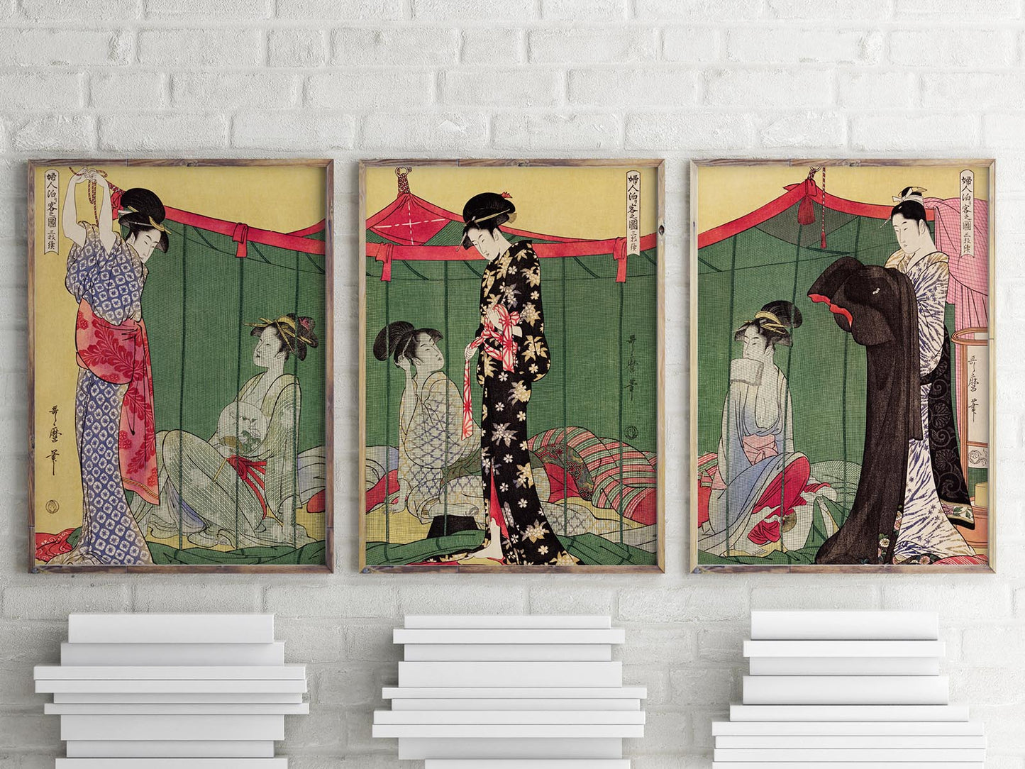 Tríptico Mujer con visitante de Utamaro Kitagawa - conjunto de 3 impresiones