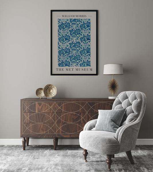 Póster de la exposición de arte con papel pintado floral vintage de William Morris