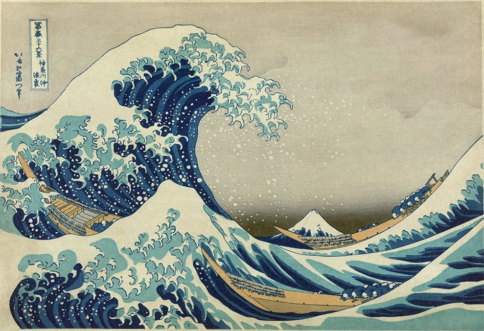 A poster of 'The Great Wave of Kanagawa' by Hokusai, featuring a stylized wave with blue and white colors and a mountain in the background.