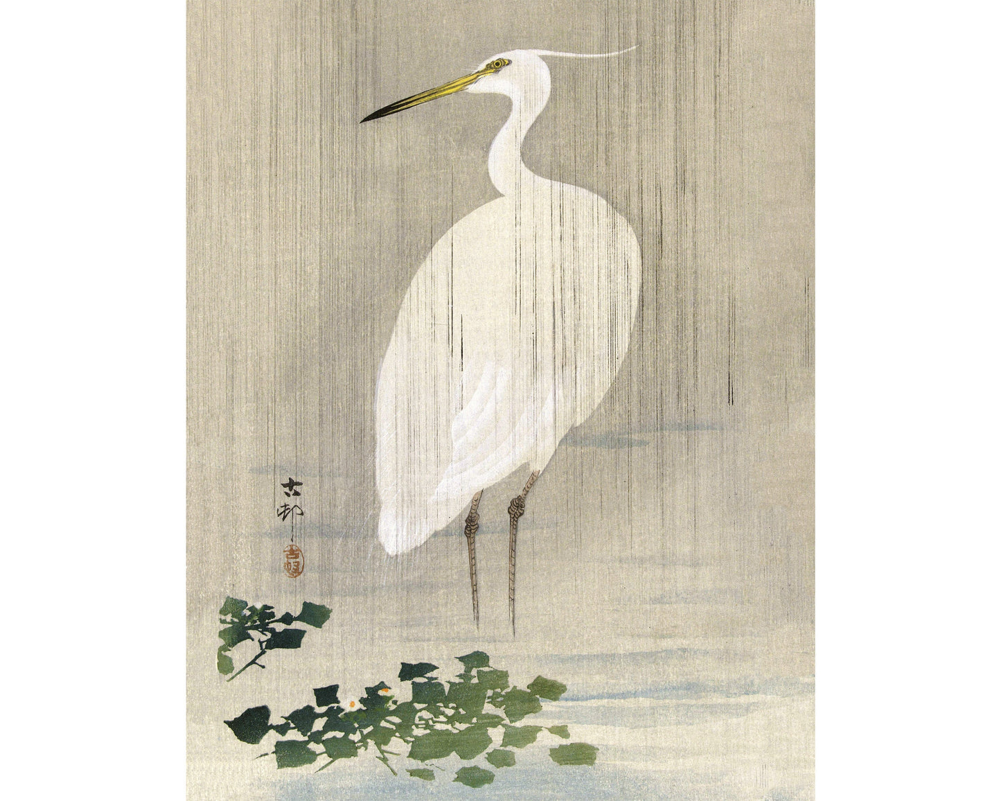 A fine art print featuring a vintage illustration of an egret standing on a lily pad in a rain setting, with a grey background.