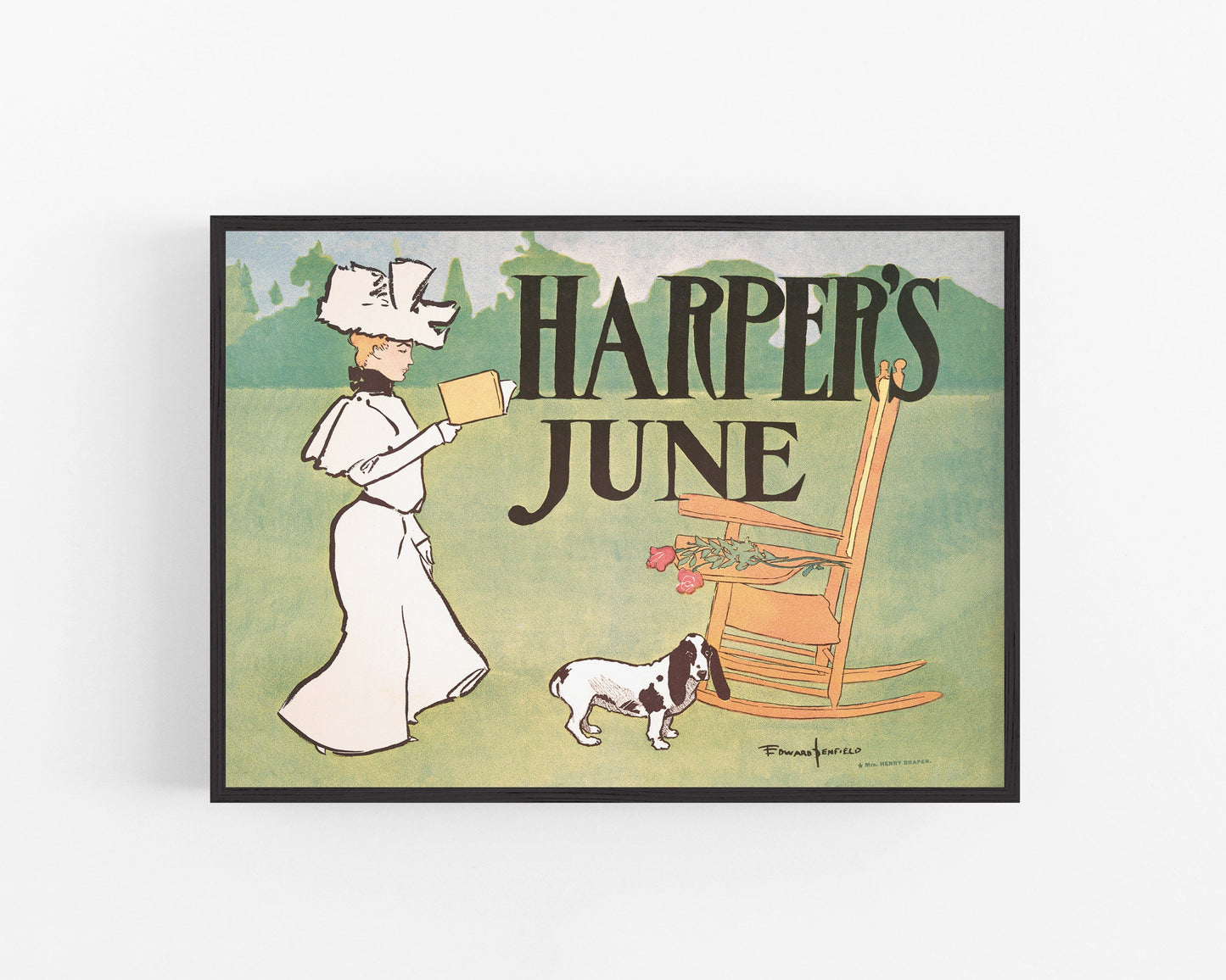 Portada vintage de Harper's Bazaar | Junio | Mujer y perro leyendo con rosas y mecedora | Impresión artística Giclée | Regalo ecológico