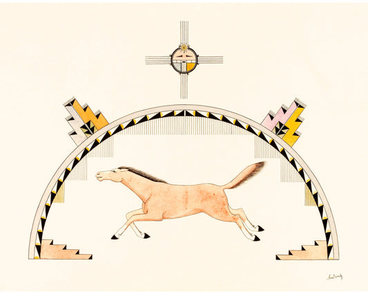 Art print featuring a vintage style running horse with a geometric and tribal background.