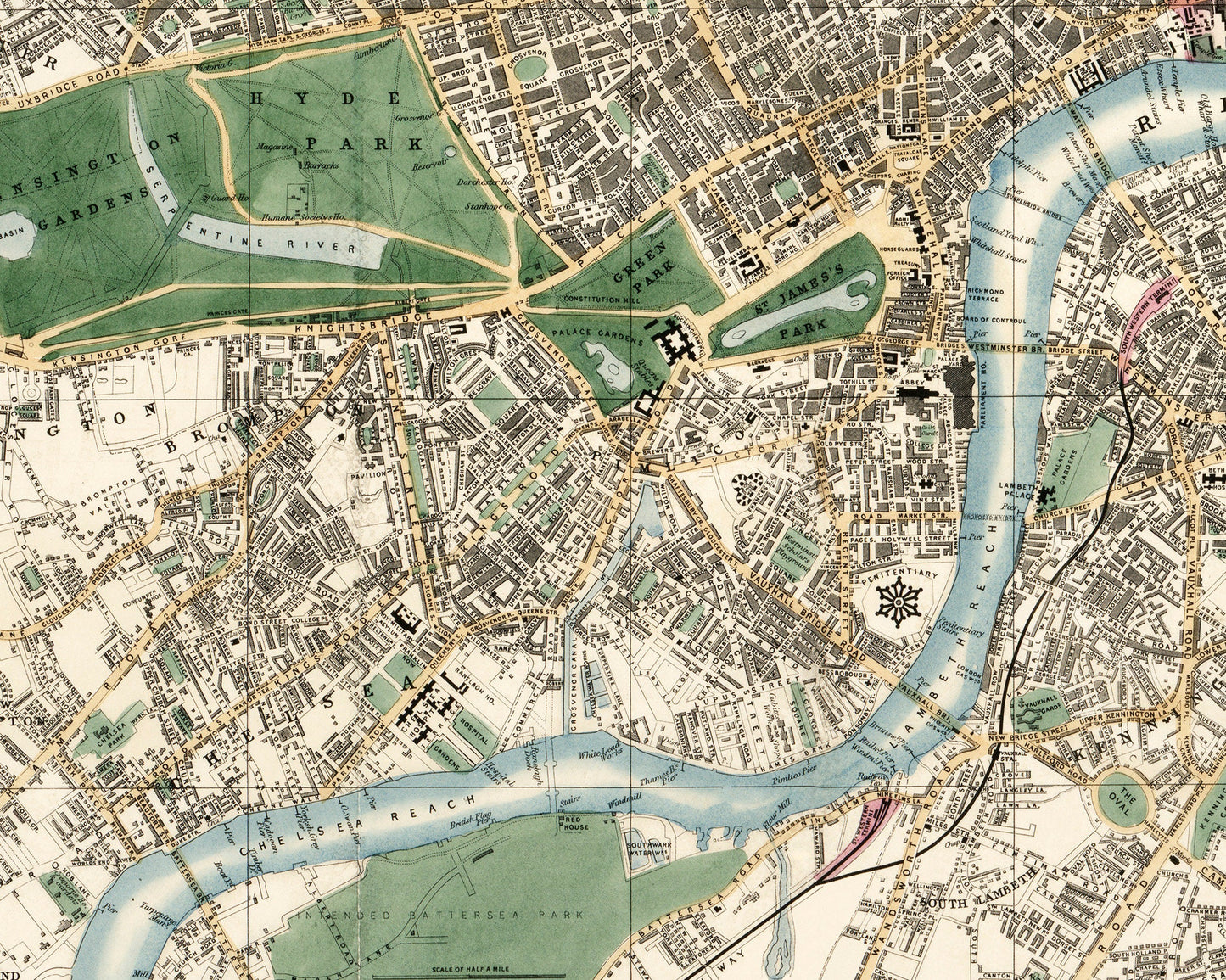 Mapa antiguo de Londres | Hyde Park, Kensington Gardens, Regents Park, río Támesis | Cartografía británica antigua | Arte mural para viajeros