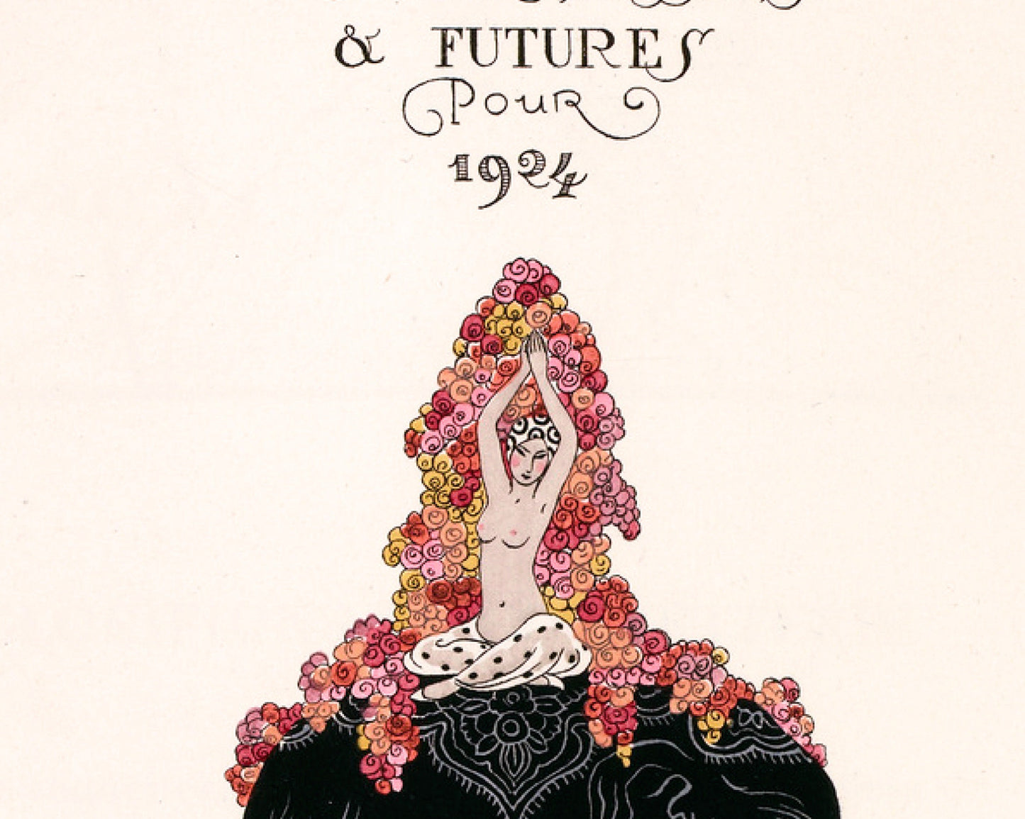 Lámina de moda francesa antigua | Mujer sobre un elefante con flores | Forma desnuda | Arte mural art déco