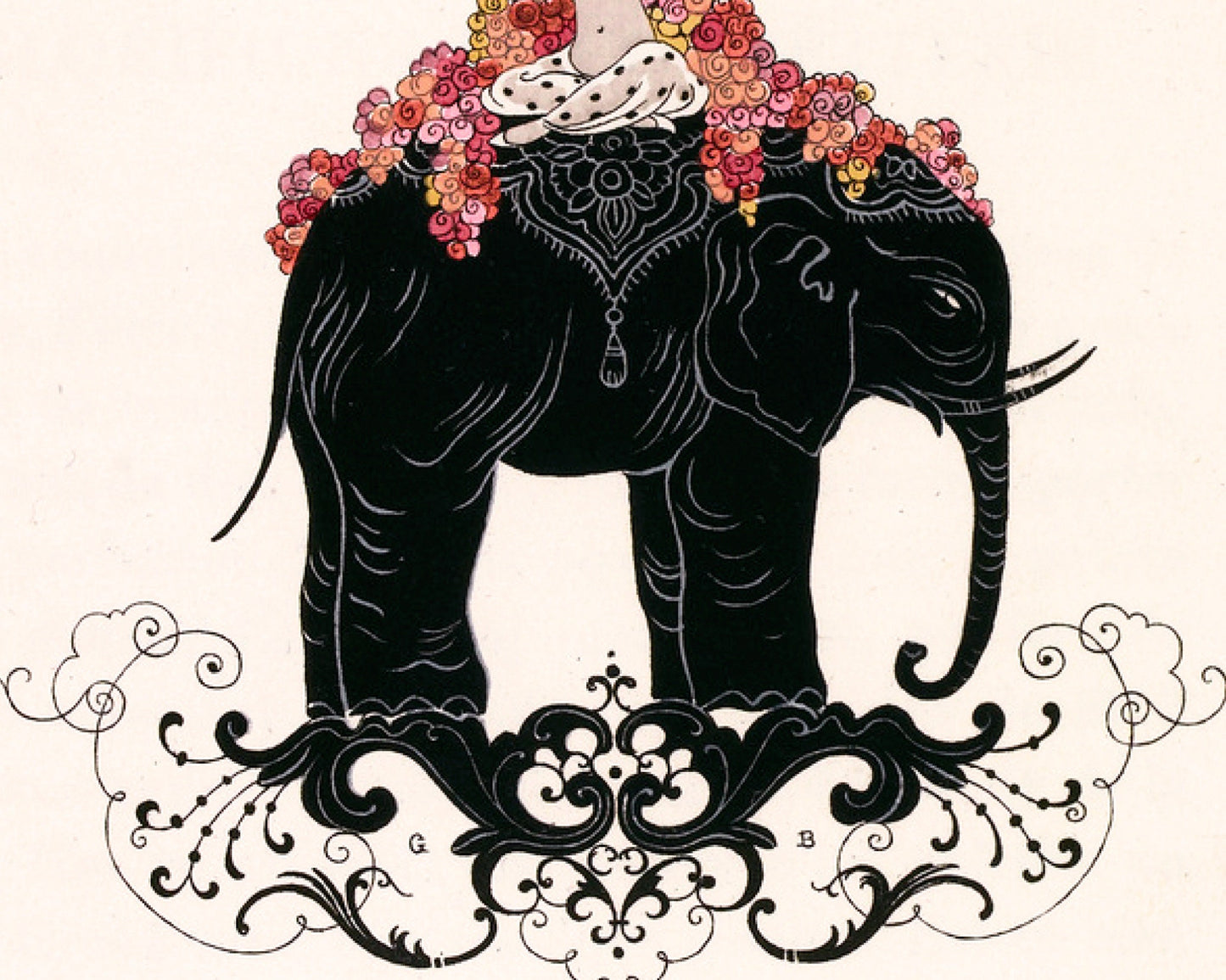 Lámina de moda francesa antigua | Mujer sobre un elefante con flores | Forma desnuda | Arte mural art déco