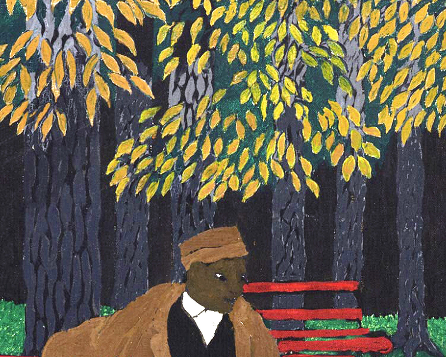 Hombre en un banco del parque | Ardilla blanca | Arte popular estadounidense | Horace Pippin | Arte afroamericano | Artista afroamericano | Arte mural marginal