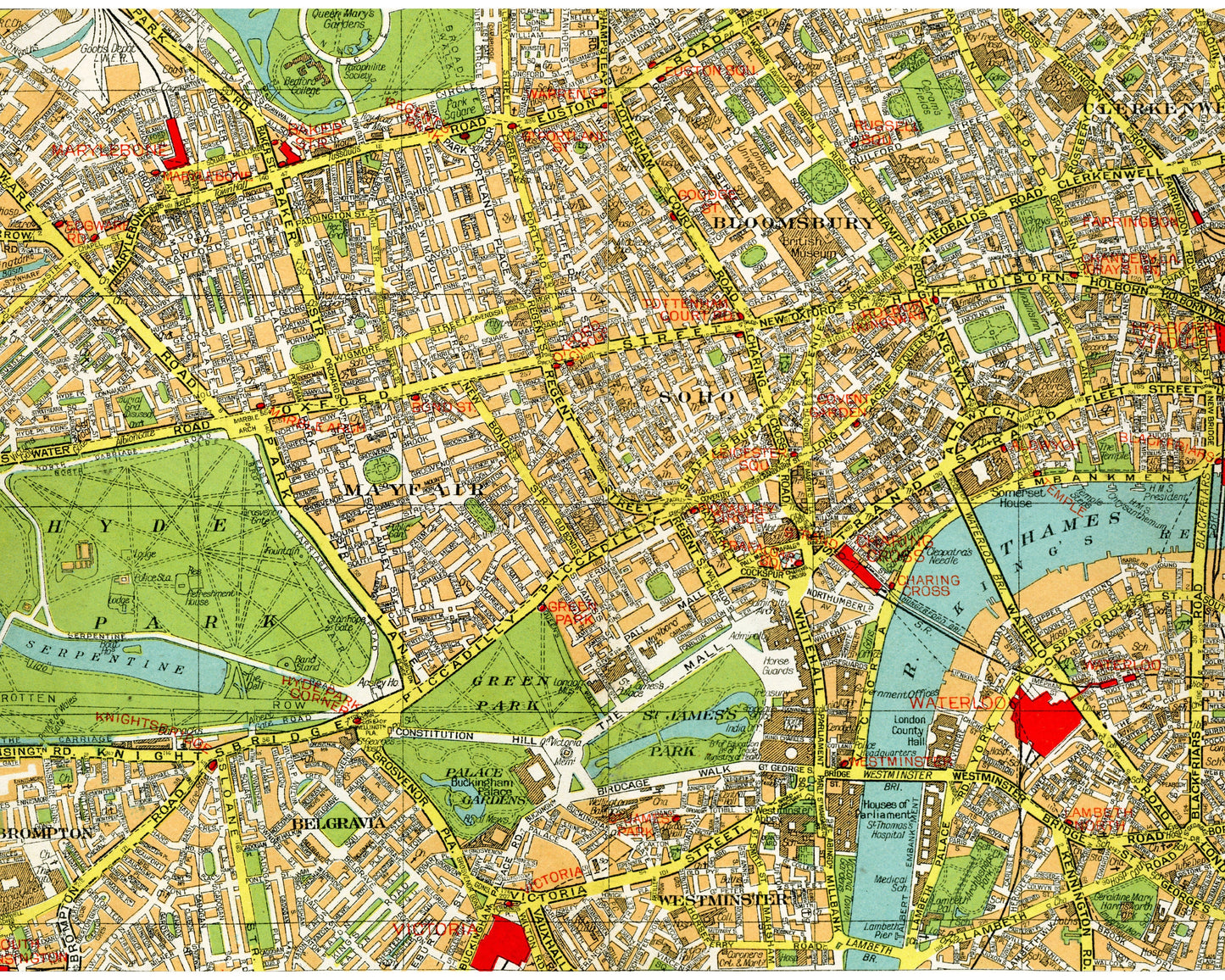Mapa antiguo de Londres | Hyde Park, jardines de Kensington, Soho y río Támesis de los años 40 | Cartografía británica antigua | Arte mural para viajeros