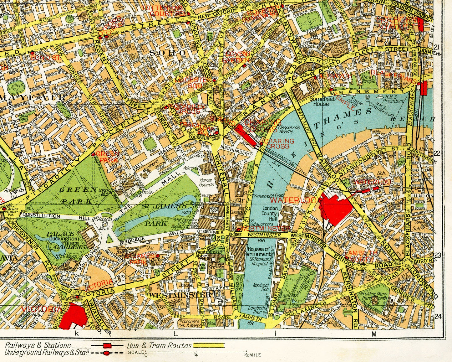 Mapa antiguo de Londres | Hyde Park, jardines de Kensington, Soho y río Támesis de los años 40 | Cartografía británica antigua | Arte mural para viajeros