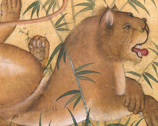Cuadro antiguo de león entre flores | Historia natural del siglo XVII | Arte mural antiguo de animales y naturaleza | Pintor indio Ustad Mansur