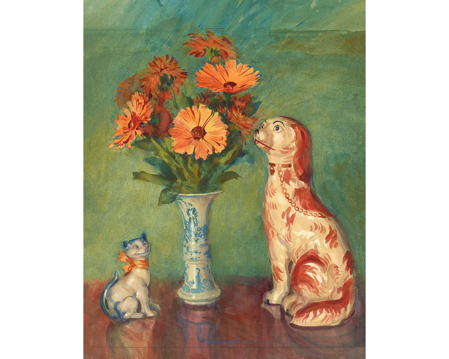 French still life | Lares et Penates | Marigolds & Staffordshire dog | Flowers with cat, dog | Animal wall art | Art nouveau print