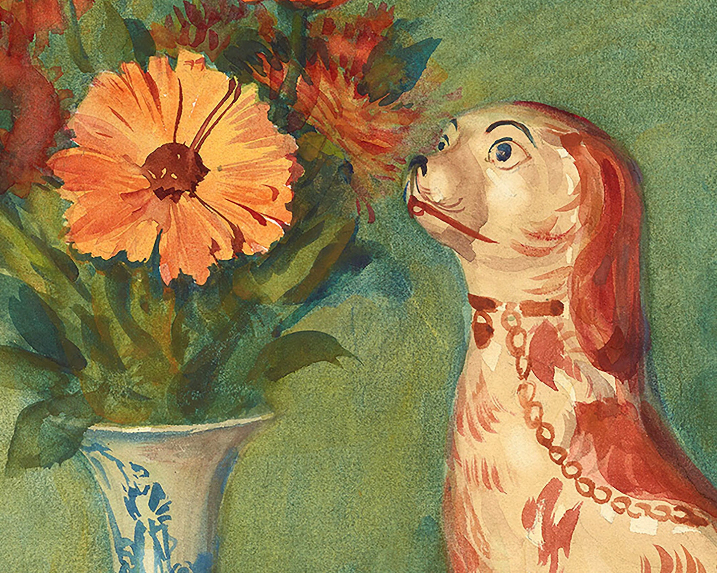 French still life | Lares et Penates | Marigolds & Staffordshire dog | Flowers with cat, dog | Animal wall art | Art nouveau print