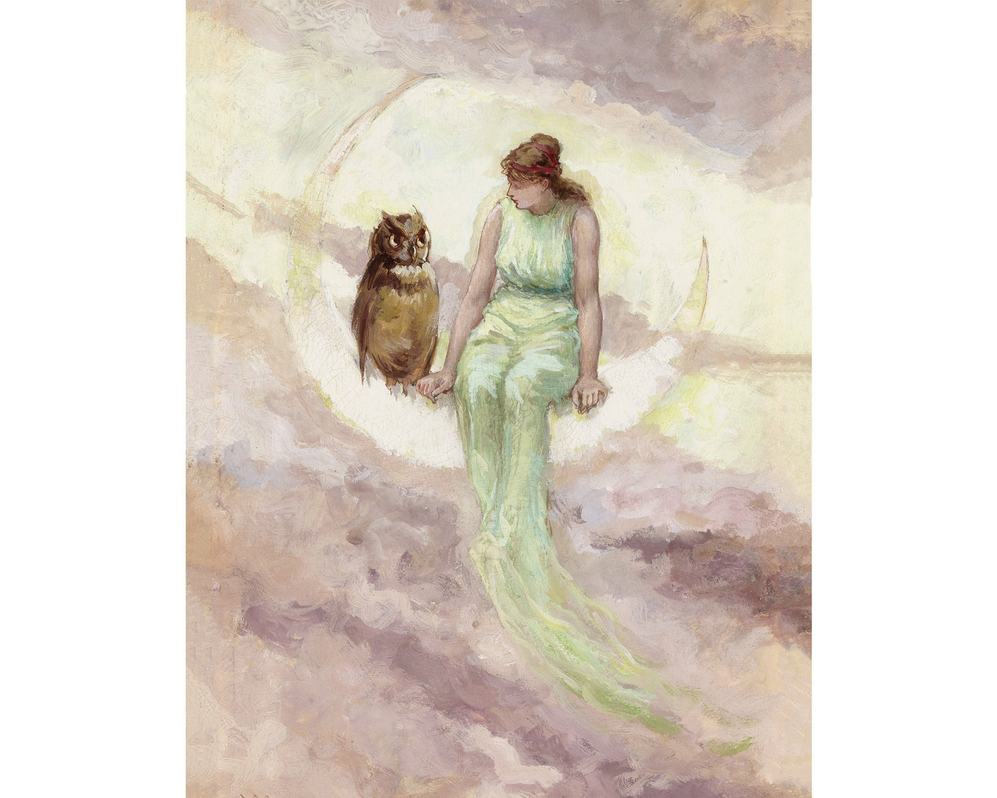 Art print of a vintage owl on crescent moon, with a woman sitting on a cloud, surrounded by a mystical night sky background.