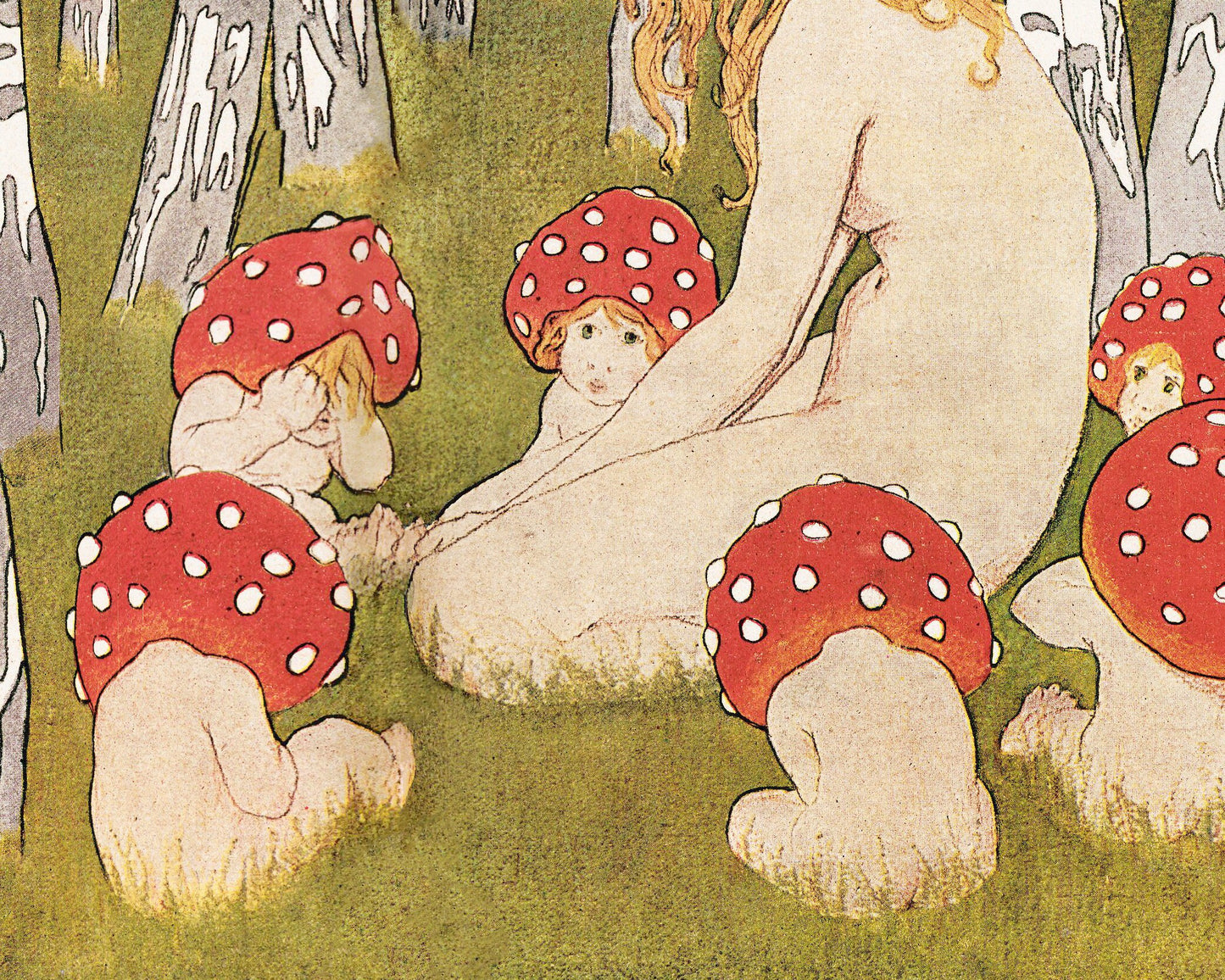 Impresión artística vintage de Madre Naturaleza | Madre Hongo y sus hijos | Arte mural antiguo de bosque | Pintura de cuento de hadas | Bosque mágico