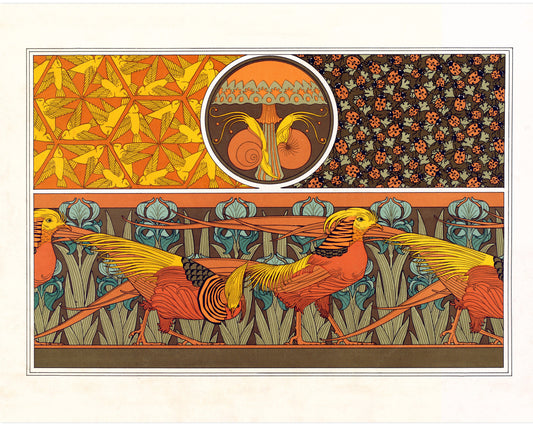A vintage-style illustration of various stylized animals, predominantly in orange and yellow tones, against a decorative background.