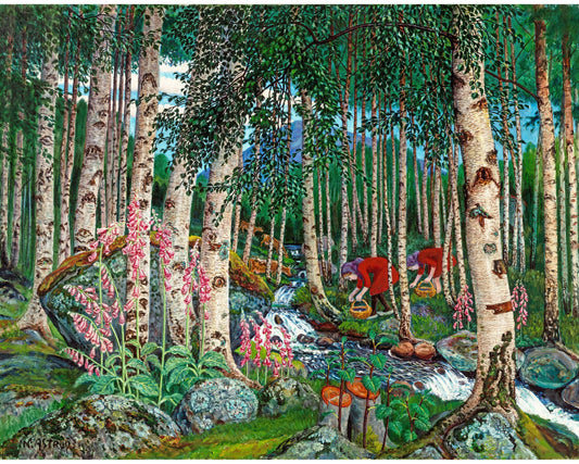 Lámina de arte de bosque vintage | Dedaleras | Mujeres recogiendo bayas | Arte mural de árboles y naturaleza | Bellas artes de Nikolai Astrup