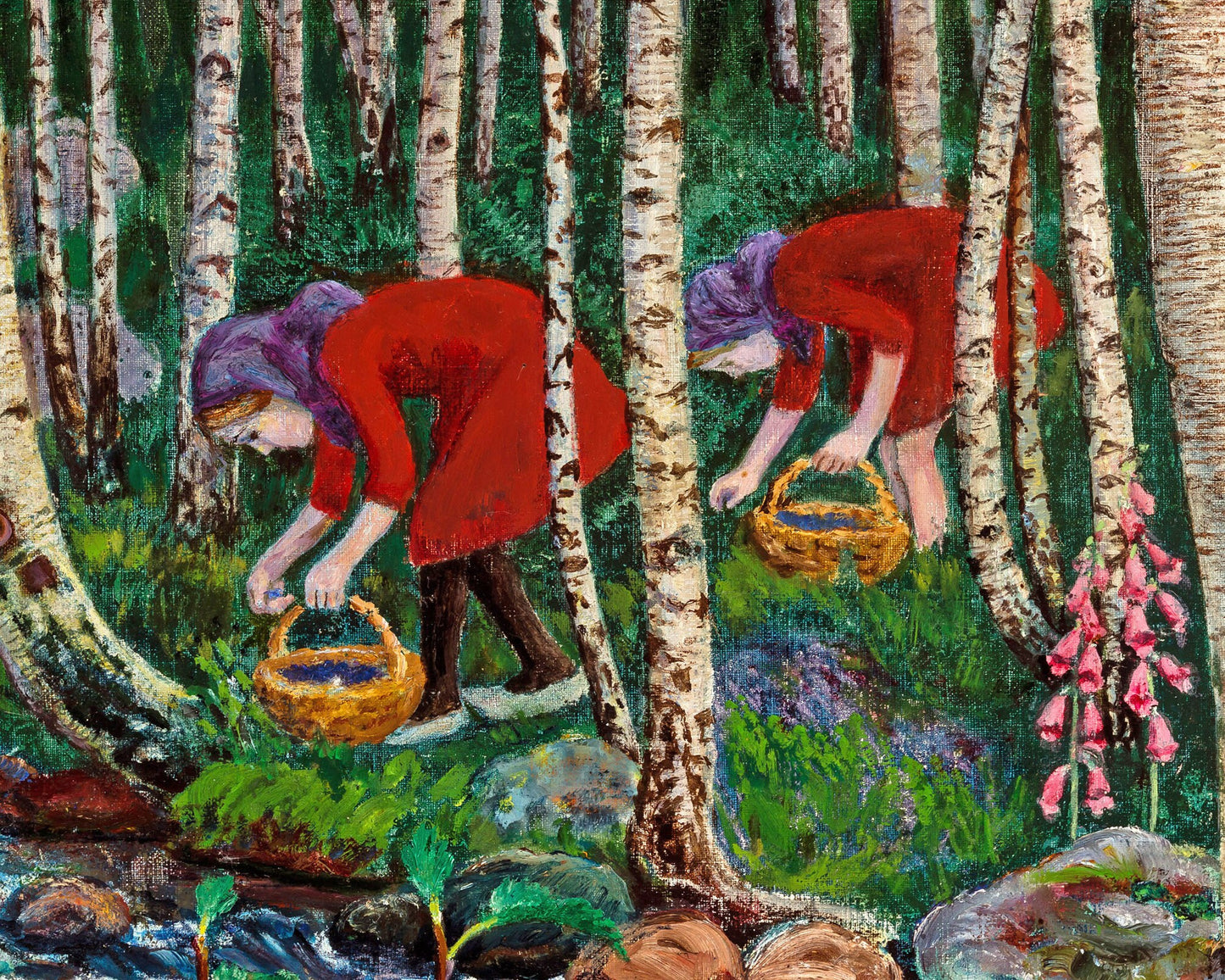 Lámina de arte de bosque vintage | Dedaleras | Mujeres recogiendo bayas | Arte mural de árboles y naturaleza | Bellas artes de Nikolai Astrup