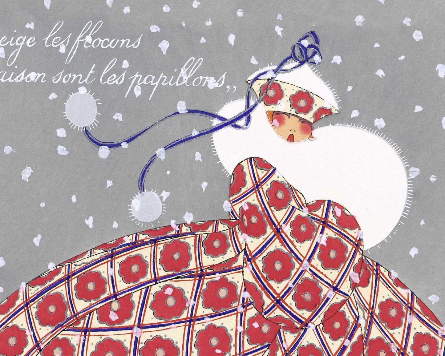 Moda francesa vintage | Los copos de nieve son las mariposas de la temporada | Ilustración de moda parisina | Arte art déco navideño | Artista femenina