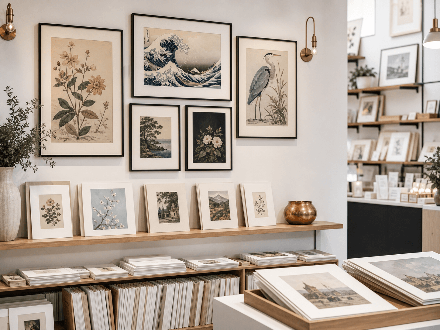 Boutique retail display with framed art prints and stacked wholesale assortments