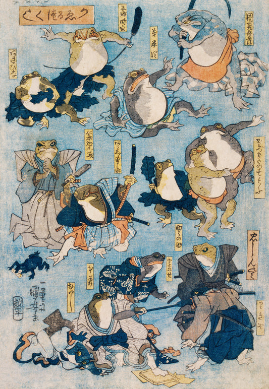 Japanese Frog Woodcut - Famous Heroes of the Kabuki Stage Played by Frogs