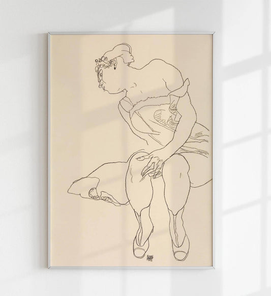 Mujer sentada con corsé y botas de Egon Schiele