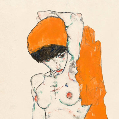 Desnudo de pie con drapeado naranja de Egon Schiele