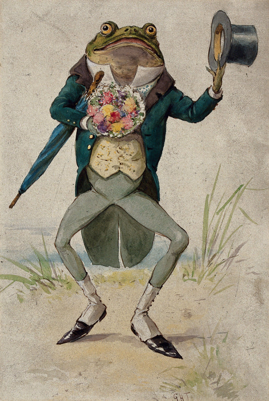 A toad in morning dress, holding an umbrella and a bunch of flowers
