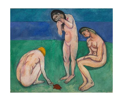 This image features a painting titled "Bathers with a Turtle (1907–08)", attributed to Henri Matisse. The artwork depicts three figures, likely to be understood as bathers, with a small turtle shown in the foreground.