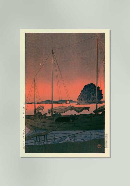 Puesta de sol en el puerto, por Hasui