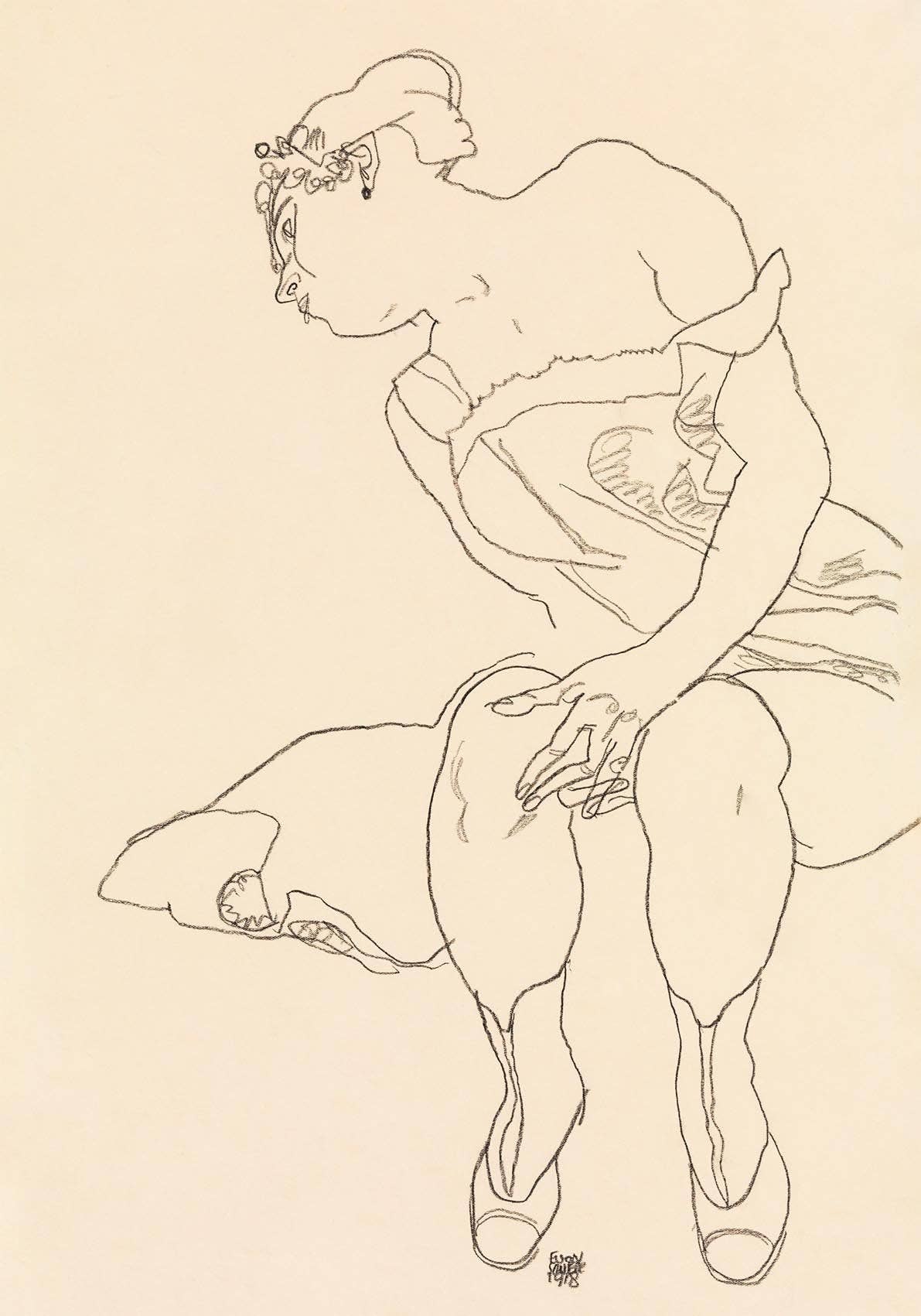 Mujer sentada con corsé y botas de Egon Schiele