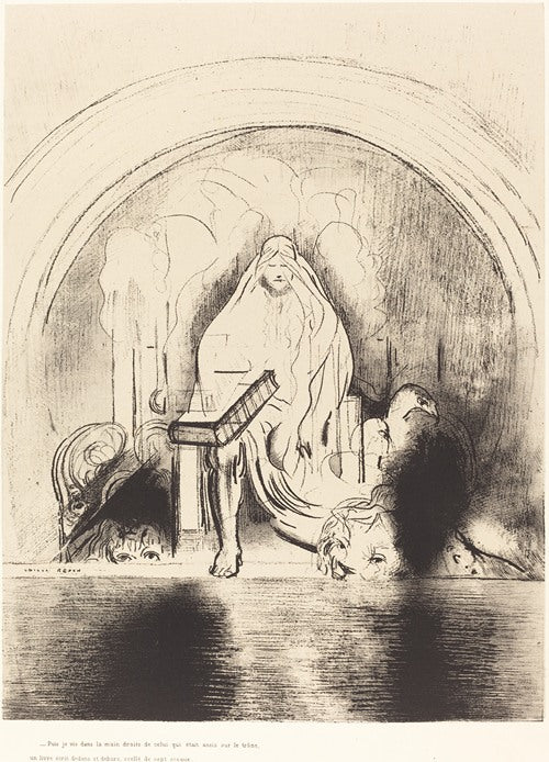 Puis je vis, dans la main droite de celui quietait assis sur le trone, un livre ecritdedans et dehors, scelle de sept sceaux (1899)  by Odilon Redon