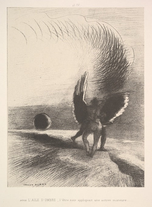 A la sombra del ala, la criatura negra mordió (1891) de Odilon Redon